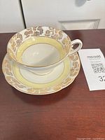 Teacup on saucer showing pattern and color