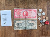 Fronts of two banknotes, twelve coins, red ring