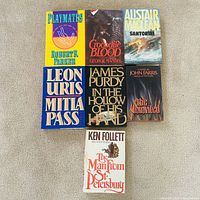 Seven hardcover novels laid out on carpet