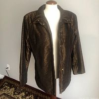 Front view of brown patterned jacket on mannequin