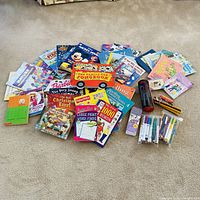 Top view of all books spread on carpet with markers and pencils