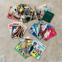 Top-down view showing full assortment of pattern booklets spread on carpet