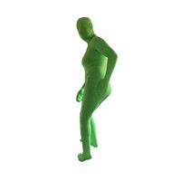 Person wearing green full-body suit, side view