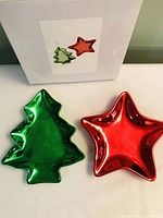 Green tree dish and red star dish with reference image