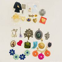 Overview of all pins, brooches, pendants and charms laid out