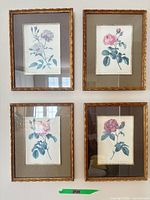 All four framed rose prints on wall