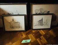 Two framed sketches showing Gooderham Building and classical building, stickers visible for scale