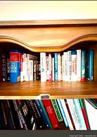 Shelf with central section of books showing variety and dictionary