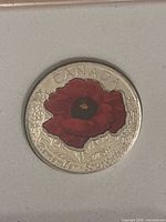 Reverse side of coin showing colourized red poppy and legends