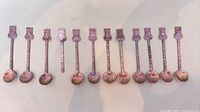 All 12 silver-plated souvenir spoons laid out bowl forward