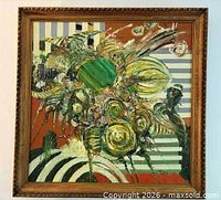 Full view of framed abstract oil painting