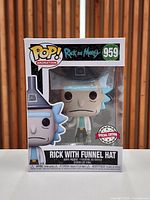 Front view of sealed Funko Pop #959 Rick with Funnel Hat box showing figure and Special Edition sticker