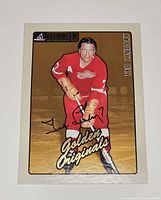 Front of autographed Pinnacle Beehive Golden Originals card featuring Ted Lindsay in Red Wings uniform
