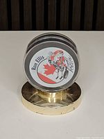Full view of puck in acrylic case on metal stand