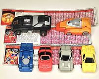 Six mini vehicle figures lined up on corresponding tech-spec file cards