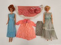 Full lot view showing both dolls and all clothing pieces