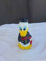 Full front view of Donald Duck vinyl coin bank standing upright