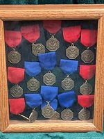 Front view of framed medals showing arrangement and frame