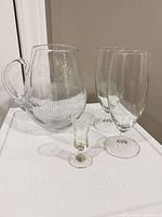 Group shot of pitcher, two pilsner glasses and cordial glass
