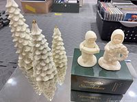 Full lot: three ceramic trees, two Snowbabies, box visible