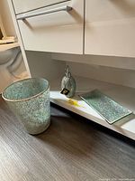 Entire set: wastebasket, soap dispenser, soap tray in seafoam crackle glass