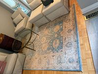 Full view of area rug under furniture showing overall pattern and condition