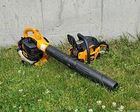Leaf blower and chainsaw motor on grass