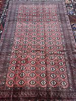 Full view of entire Turkman rug showing overall pattern and borders
