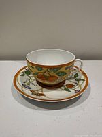 Cup on saucer front view showing pattern