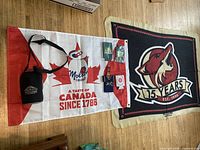 Full lot overview showing blanket and flag with accessories placed on top