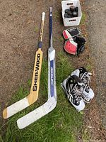 Full lot view with two sticks, basket of pucks, glove, skates