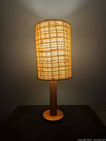 Full view of lamp lit showing shade and overall form