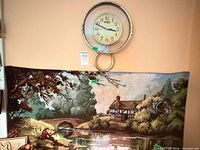 Tapestry full view beneath Ergo wall clock mounted on wall