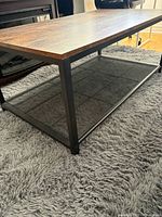 Side view showing metal frame, mesh shelf, wooden top