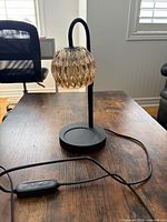 Front view showing entire lamp, glass shade, base and cord controller