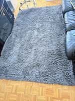 Full view of grey shag rug on parquet floor