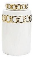 Front view of white ceramic vase with gold band and lid