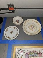 Group of plates and bowls showing patterns and sizes