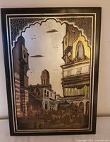 Full view of etched copper plaque showing Old Cairo scene