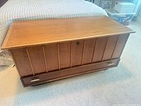 Top and front view of Honderich cedar chest with paneled front and lower drawer