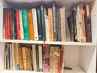 Two shelves filled with assorted vintage cookbooks