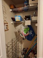 closet view with wire shelving, cleaning supplies, bags, hook rack, wine rack panels leaning
