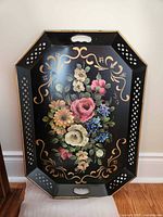 Full view of Nashco floral toleware tray standing upright