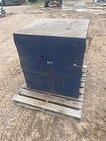 Front view of closed blue steel cabinet on pallet
