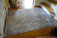 Photo of Nicole Miller New York area rug laid out on hardwood floor near stairs, showing full rug surface and texture