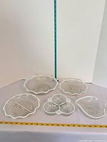 All five milk glass hobnail pieces laid out for size reference