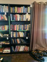 Full view of black bookshelf loaded with books