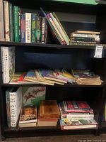 Full bookshelf showing mixed books, children’s titles and stacked volumes