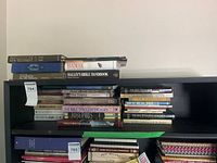 Overall view of two shelves and stack of religious study books