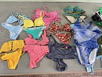 All sixteen swimwear pieces laid out together on table